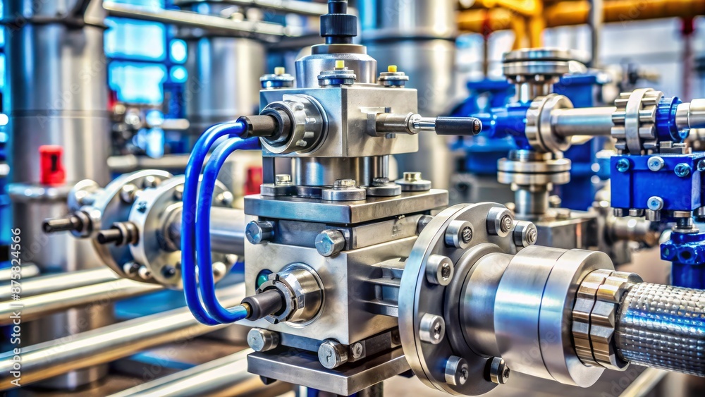 High-pressure hydraulic reducer valve with intricate mechanical components and tubing, mounted on a metallic framework, in a industrial setting. High-pressure hydraulic reducer valve with intricate mechanical components and tubing, mounted on a metallic framework, in a industrial setting.