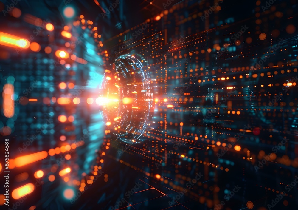 Obraz premium Binary code tunnel. Futuristic information technology, cyberspace and data transfer concept.