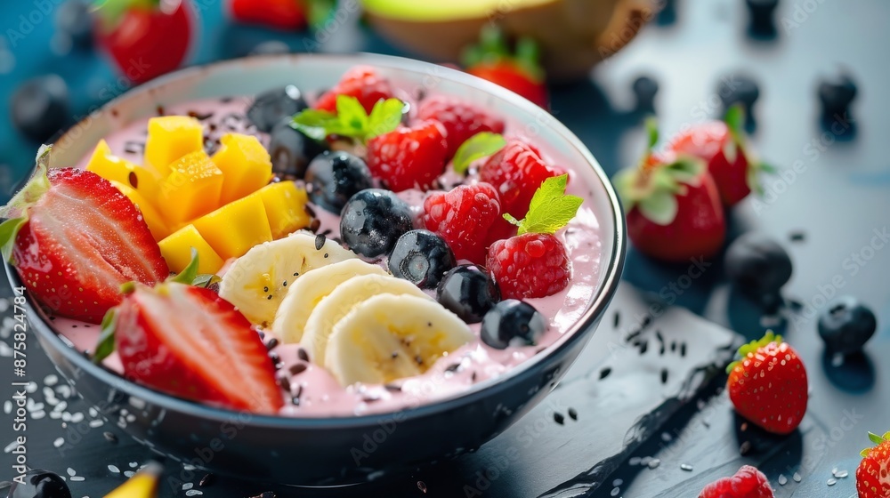Fruit and yogurt bowl with berries and banana slices Fruit and yogurt bowl with berries and banana slices