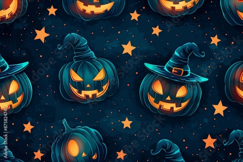 Spooky Pattern of Glowing Pumpkins, Witch Hats, and Stars