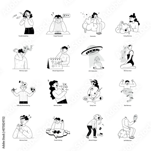 WebSet of 16 Forgetfulness Doodle Mini Illustrations 

