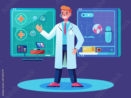 Physician interacting with a 3D rendered digital medical interface of the future.