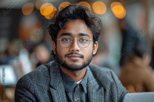 Young Indian Entrepreneur Analyzing Digital Data, Professional Attire, Navy Blue and Charcoal Grey