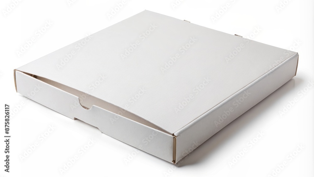 Isolated white box for holding pizza on a plain white background with slight shadows and subtle creases for realism. Isolated white box for holding pizza on a plain white background with slight shadows and subtle creases for realism.