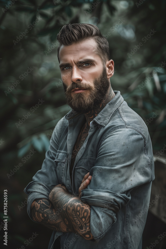 Fototapeta premium Man with tattoos and a beard in a denim shirt, standing with arms crossed, creating a strong and rugged look