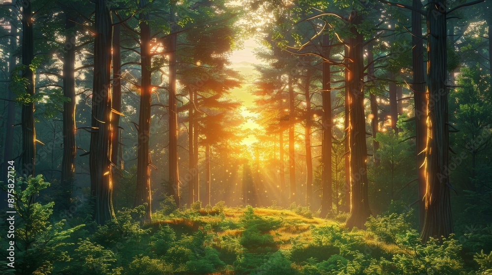 Obraz premium Glowing Sunlight Filtering Through the Tall Trees of an Enchanting Forest Glade