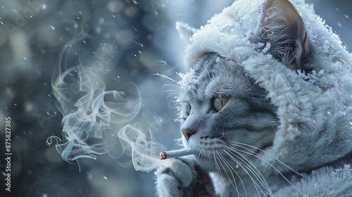 Obraz na płótnie A female cute cat is smoking wearing the winter white coat on the snow tree very detailed and realistic shape w salonie