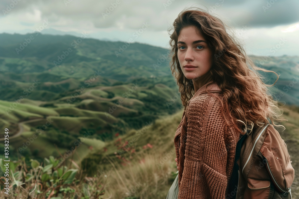 A young woman with long curly hair stands on a mountain ridge, gazing thoughtfully at the rolling hills in the background under a cloudy sky A young woman with long curly hair stands on a mountain ridge, gazing thoughtfully at the rolling hills in the background under a cloudy sky
