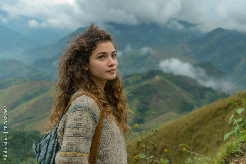 Young Woman with Curly Hair Overlooking Misty Mountains Young Woman with Curly Hair Overlooking Misty Mountains
