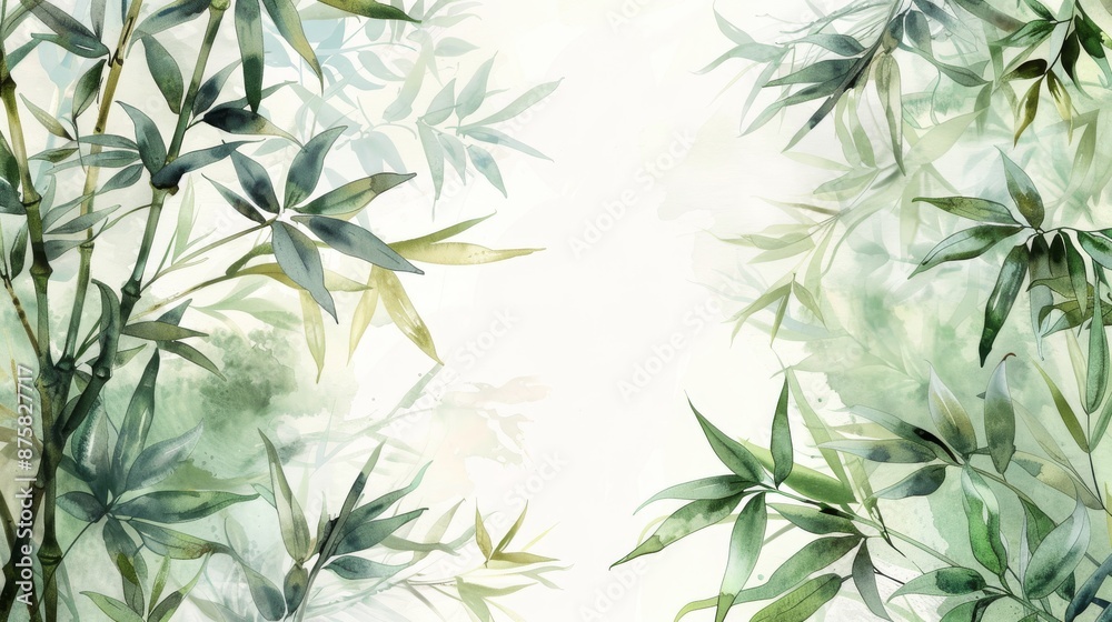 Fototapeta premium Delicate Bamboo Foliage Watercolor Painting with Muted Green Leaves and White Background