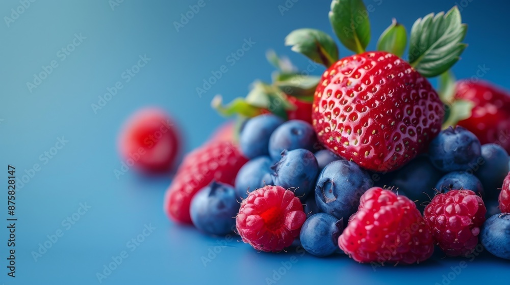 A close-up image of a pile of fresh, ripe strawberries, blueberries, and raspberries against a blue background. A close-up image of a pile of fresh, ripe strawberries, blueberries, and raspberries against a blue background.