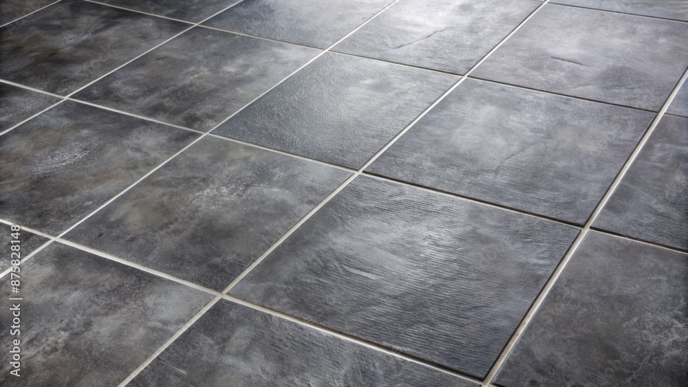 Dark grey ceramic floor tiles being arranged on a adhesive surface in a neat pattern with slight spacing and grout lines.