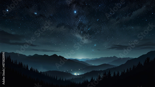 Stars in the sky, in the style of digital painting, tender depiction of nature, dark sky-blue and black, soft, romantic scenes, romanticized landscapes, serene atmospheric perspective, fine detailed