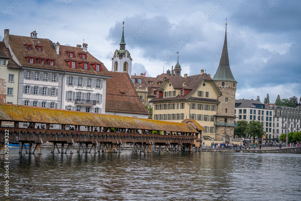 Fototapeta premium amazing beautiful city where tourist can see architecture old town city cow , river cruising wooden bridge at Lucerne Switzerland 