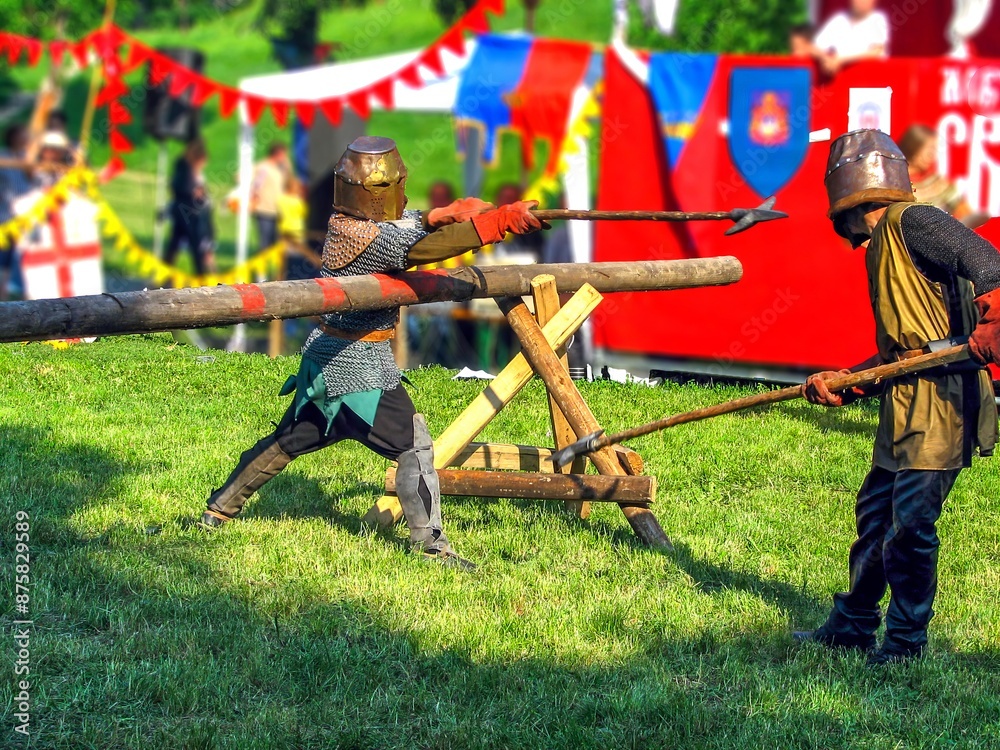 Medieval Knights Engaged in Battle Reenactment