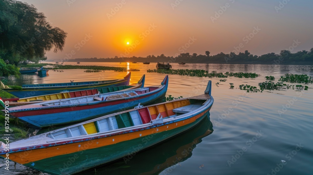 A serene riverside with boats decorated in the Indian flag colors, floating peacefully as the sun sets A serene riverside with boats decorated in the Indian flag colors, floating peacefully as the sun sets