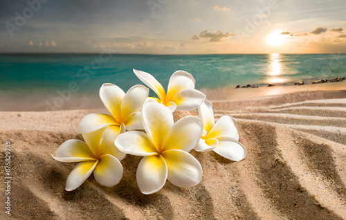 frangipani flowers on sand. Generative AI.