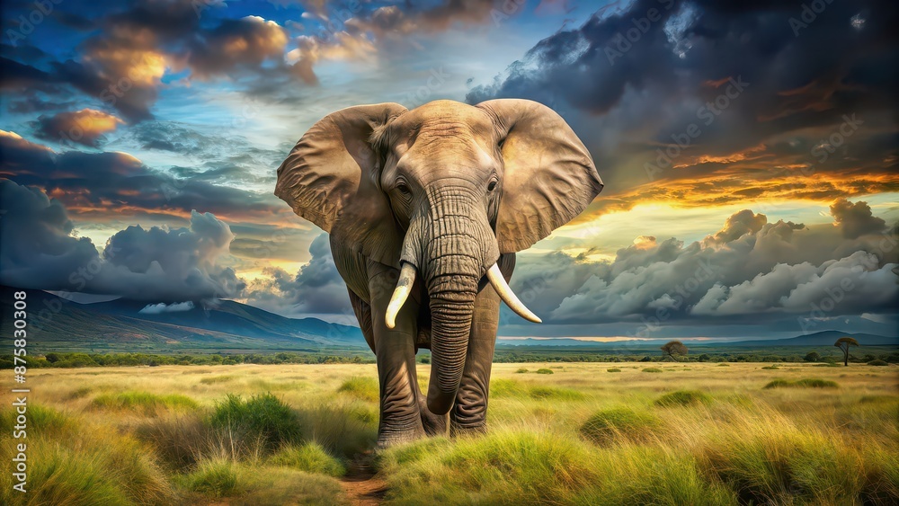 Obraz premium Majestic elephant in its natural habitat, wildlife, animal, safari, tusks, nature, mammal, wilderness, conservation