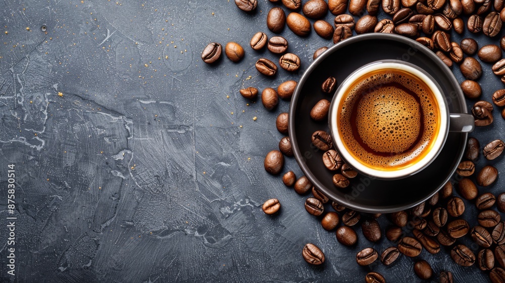 Dark aromatic coffee in a black cup surrounded by roasted coffee beans on a dark stone table Dark aromatic coffee in a black cup surrounded by roasted coffee beans on a dark stone table