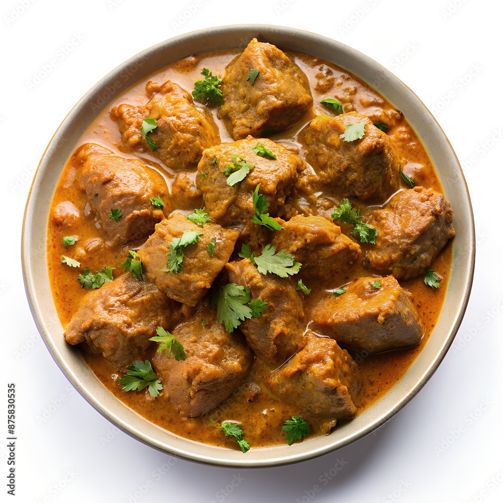 bowl of curry meat chunks garnished with fresh herbs on white background top view bowl of curry meat chunks garnished with fresh herbs on white background top view