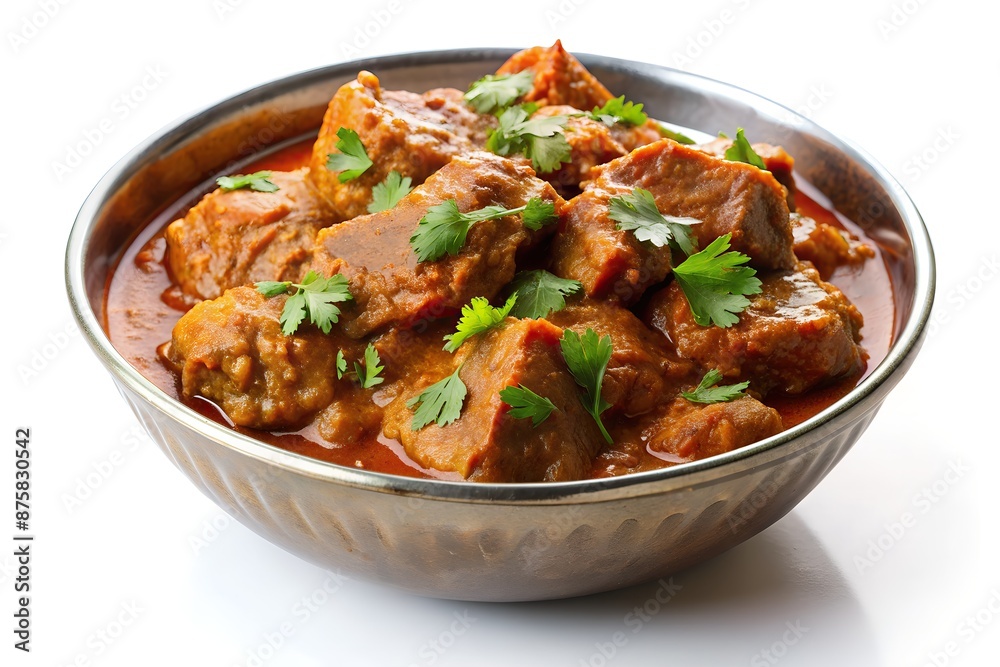 bowl of indian curry meat chunks garnished with fresh herbs on white background bowl of indian curry meat chunks garnished with fresh herbs on white background