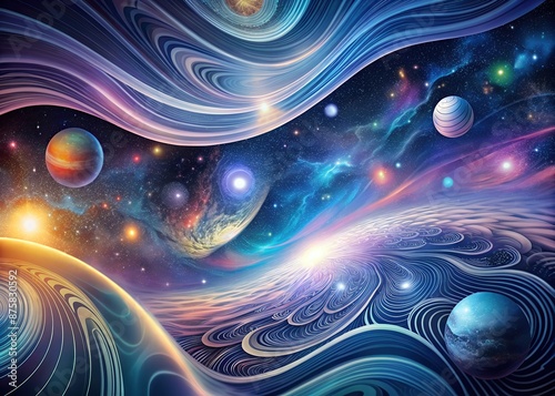 cosmic scene swirling patterns celestial bodies colorful nebulae artistic representation outer space wallpaper background