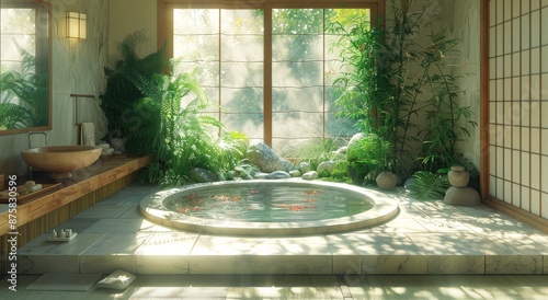 Japanese-style bathroom with soaking tub, bamboo accents. Photorealistic.