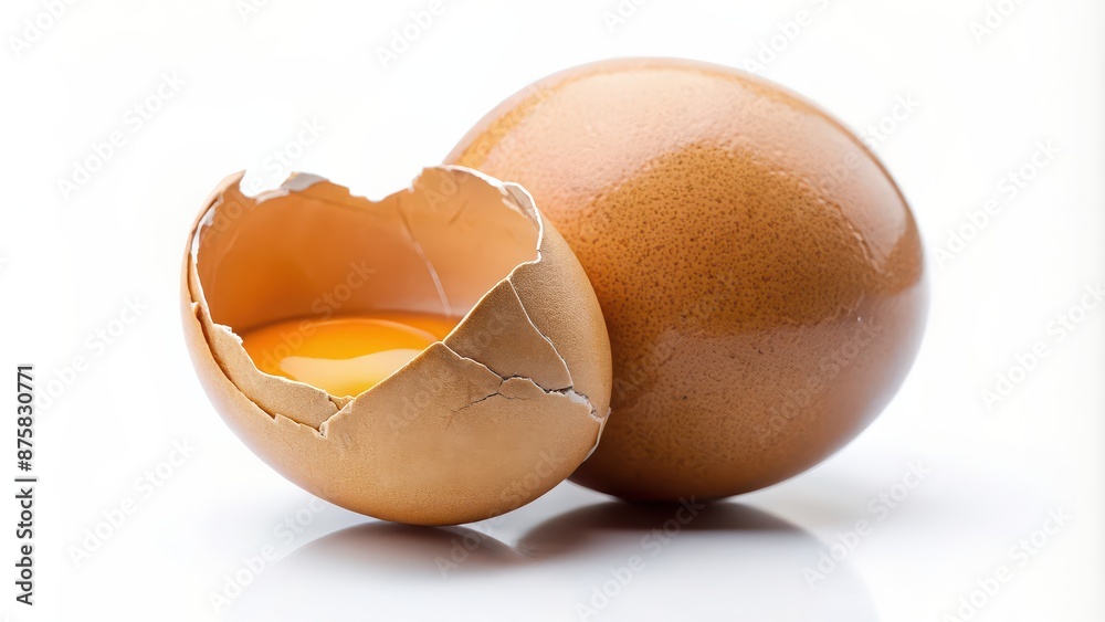 Cracked egg isolated on a white background, cracked, eggshell, broken, isolated, white, food, raw, organic, fragile, closeup Cracked egg isolated on a white background, cracked, eggshell, broken, isolated, white, food, raw, organic, fragile, closeup