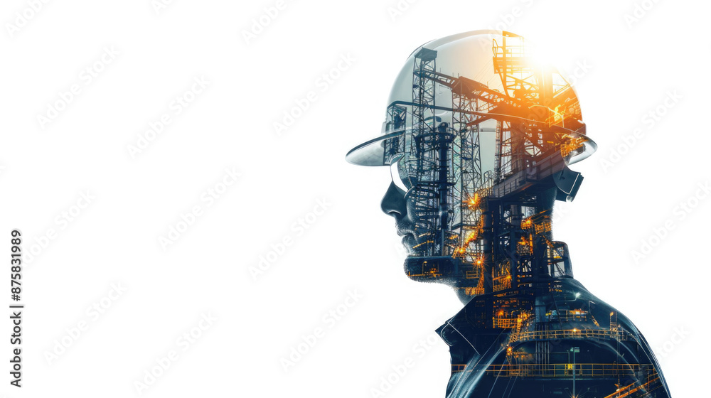 Portrait of a construction worker man with safety helmet letting see city buildings under construction. Transparent background or PNG file. Portrait of a construction worker man with safety helmet letting see city buildings under construction. Transparent background or PNG file.
