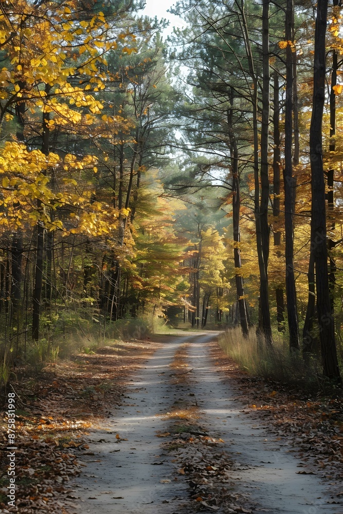 Fototapeta premium Autumn Forest Path with Sunlight and Fall Foliage