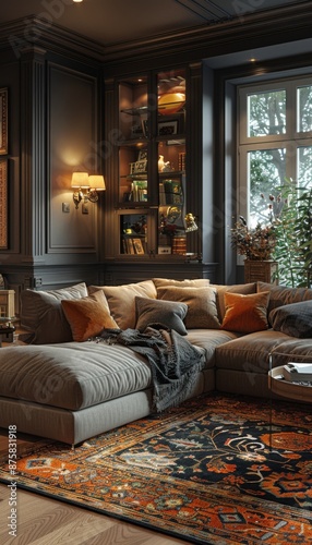Delve into a cozy dark living room interior in a captivating 3D render, inviting relaxation in style.