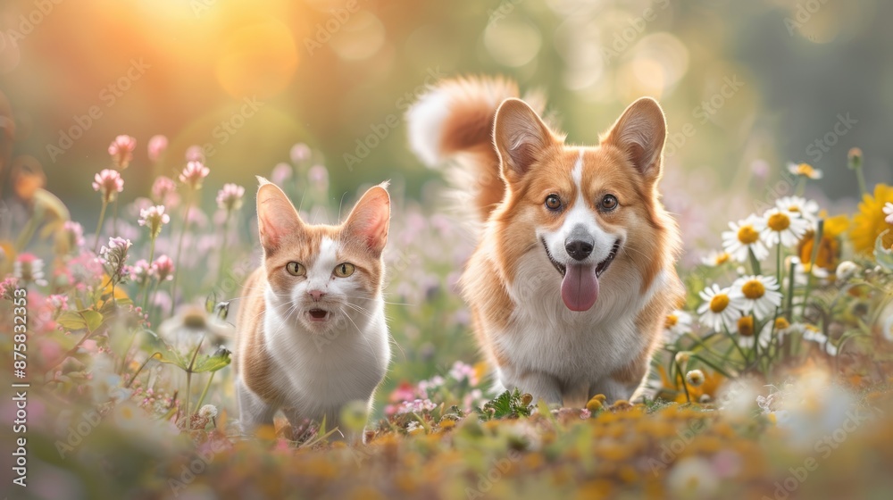 Furry friends red cat and corgi dog walking in a summer meadow, blooming background