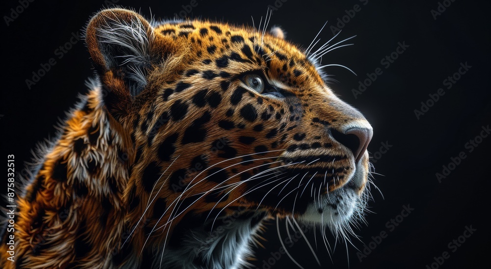 Photorealistic leopard portrait with cinematic lighting. Photorealistic leopard portrait with cinematic lighting.