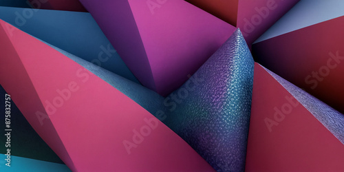 Abstrakte geometrische Komposition aus bunten, spitzen Formen, die ineinander übergehen und eine dynamische Struktur bilden