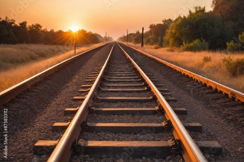 Scenic view of railroad tracks stretching towards bright glowing sunset