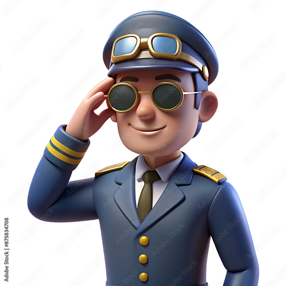 3d illustration of A character with a determined expression, adjusting a pair of aviator sunglasses in a pilot's uniform. 3d illustration of A character with a determined expression, adjusting a pair of aviator sunglasses in a pilot's uniform.