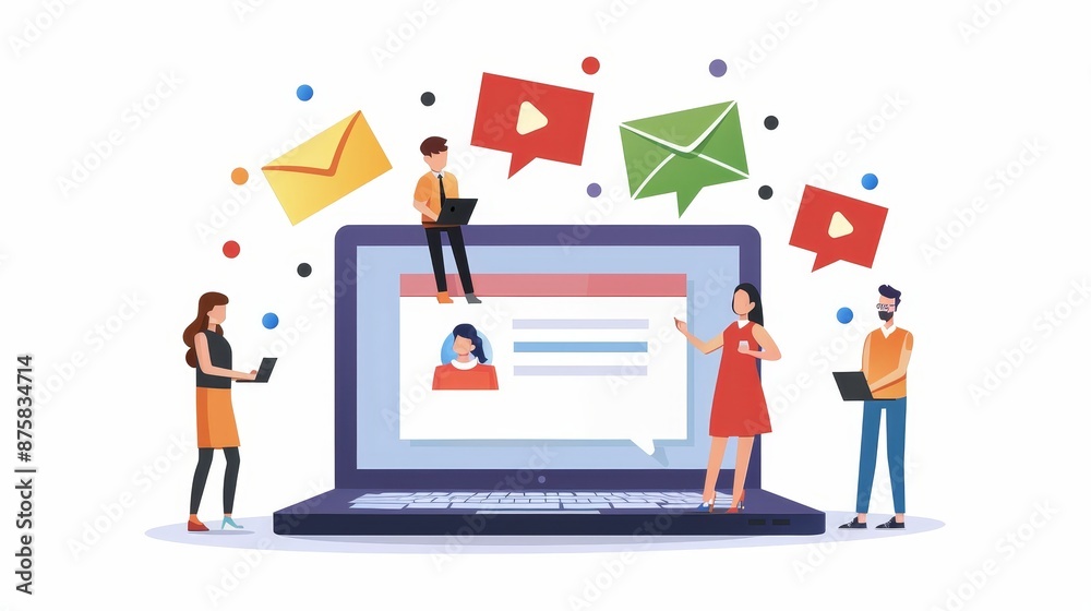 People Working on Laptop with Email, Play Button and Social Media Icons People Working on Laptop with Email, Play Button and Social Media Icons