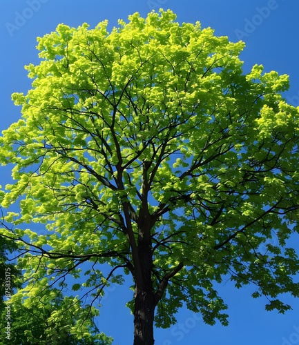 Green leaves of a maple tree against a blue sky photo