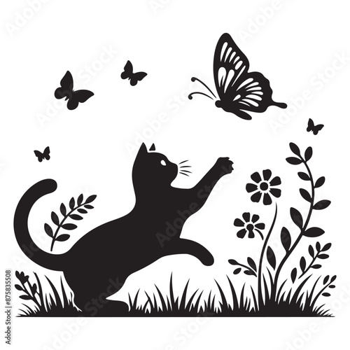 elegant black and white illustration of a cat interacting with butterflies in a garden setting, perfect for nature and animal themes