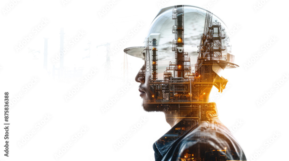 Portrait of a construction worker man with safety helmet letting see city buildings under construction. Transparent background or PNG file. Portrait of a construction worker man with safety helmet letting see city buildings under construction. Transparent background or PNG file.
