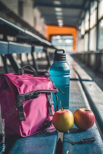 A vibrant image of a lunch bag and sports water bottle ideal for fitness enthusiasts laid out on a gym bench.