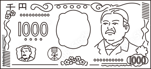 2024年　新紙幣のライン画のイラストレーション