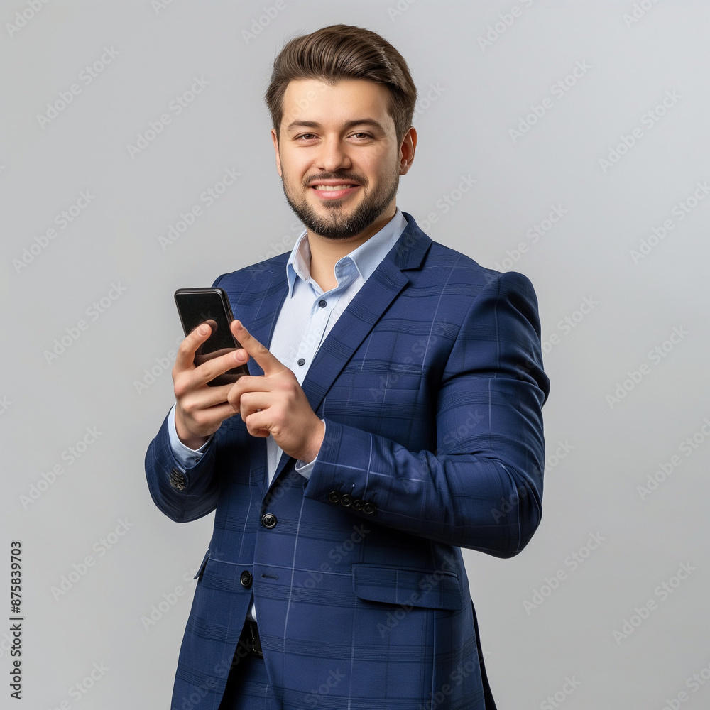 Young attractive man in a blue suit with the phone shows a hand gesture call me Young attractive man in a blue suit with the phone shows a hand gesture call me