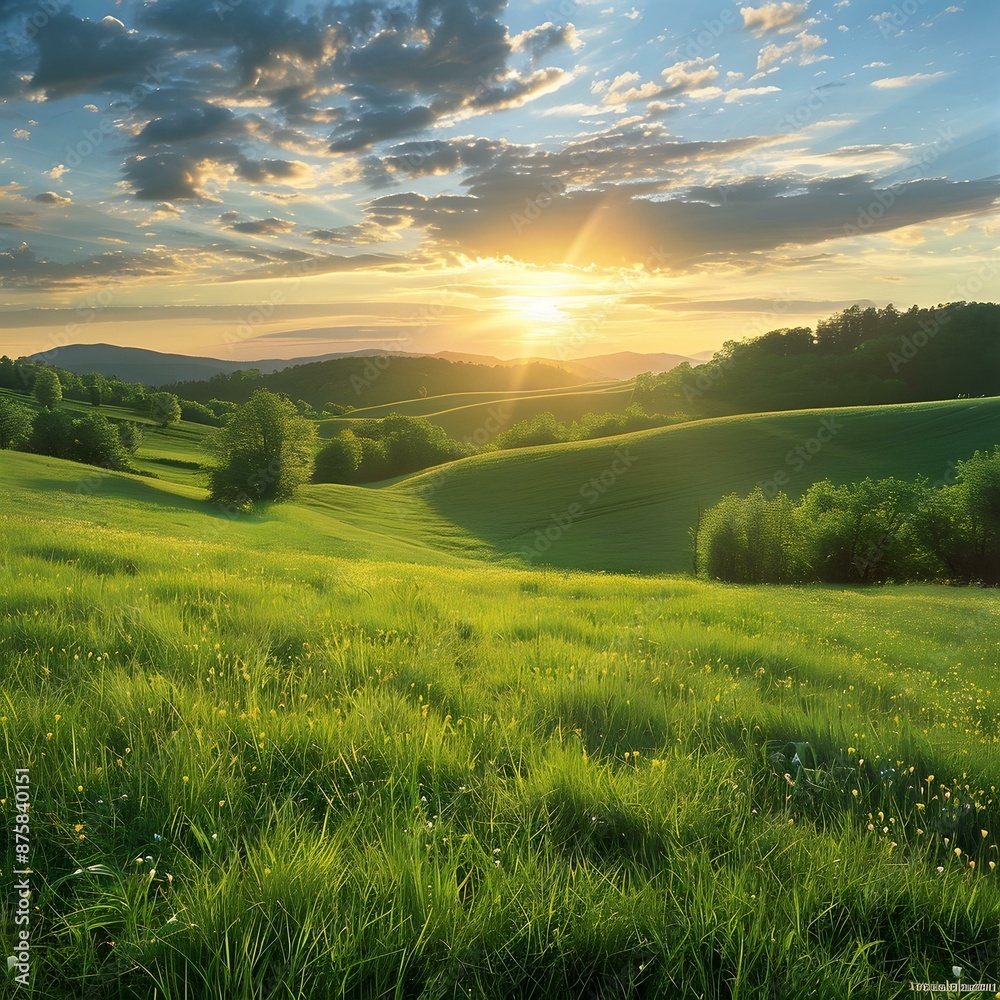 Naklejka premium Sunset over rolling green hills