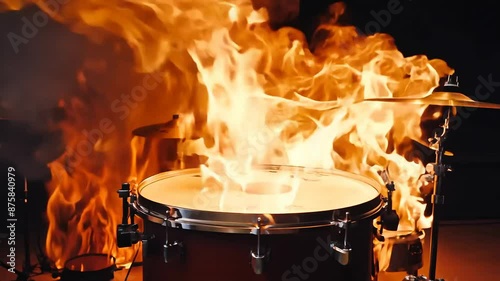 Fiery drum set ablaze in dramatic performance scene