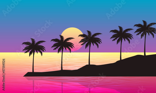 landscape view of the beach in the afternoon with sunset and palm silhouettes