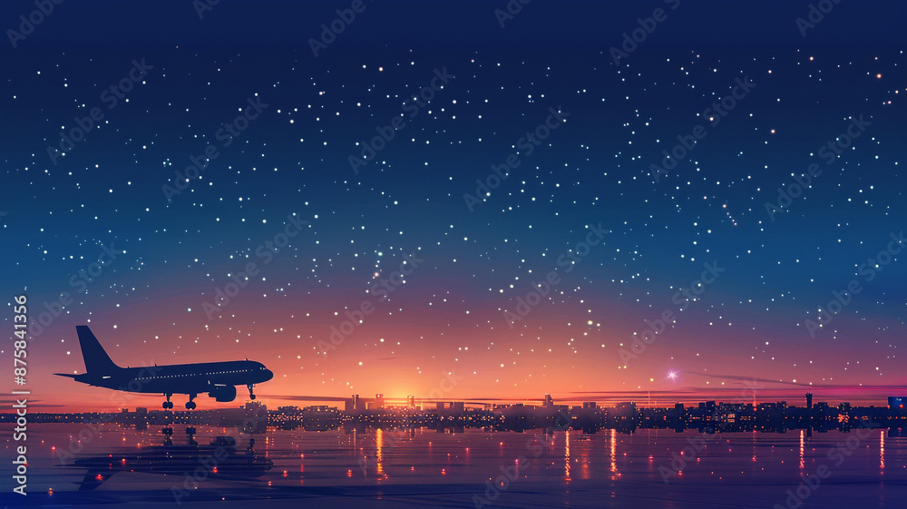 Plane taking off above the runway in airport. Airplane silhouette. Banner or flyer for travel and vacation design template. Starry night sky. Vector illustration. Plane taking off above the runway in airport. Airplane silhouette. Banner or flyer for travel and vacation design template. Starry night sky. Vector illustration.