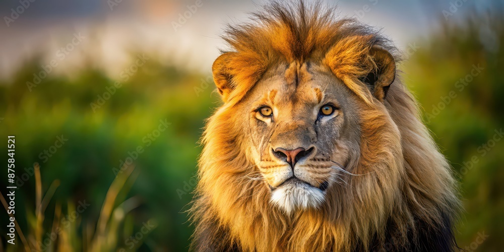 Fototapeta premium Close up photo of a majestic lion in the wild, lion, wildlife, wild, animal, nature, safari, Africa, predator, mane