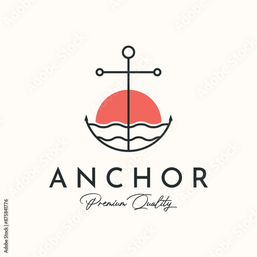 marine anchor line art logo vector minimalist illustration design, ship anchor with sun nature symbol design
