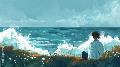 An illustration of a person sitting by the ocean watching the waves crash reflecting on life and conveying the emotion of contemplation and introspection